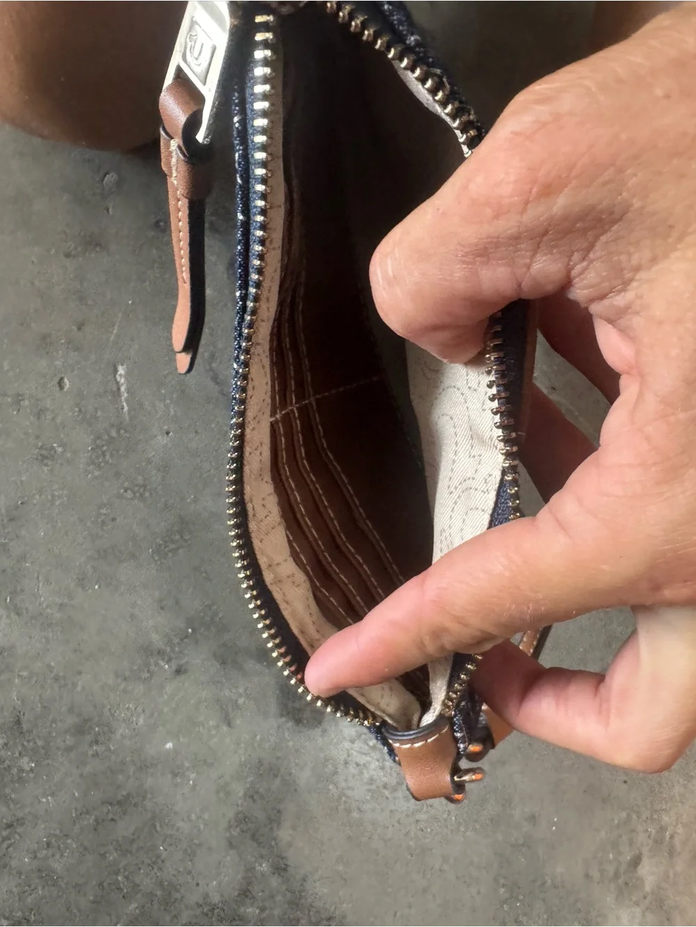 Lucky Brand Denim Wristlet with Brown Leather Trim